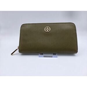 Tory Burch Olive Green Saffiano Leather Zip Around Continental Wallet Gold Logo